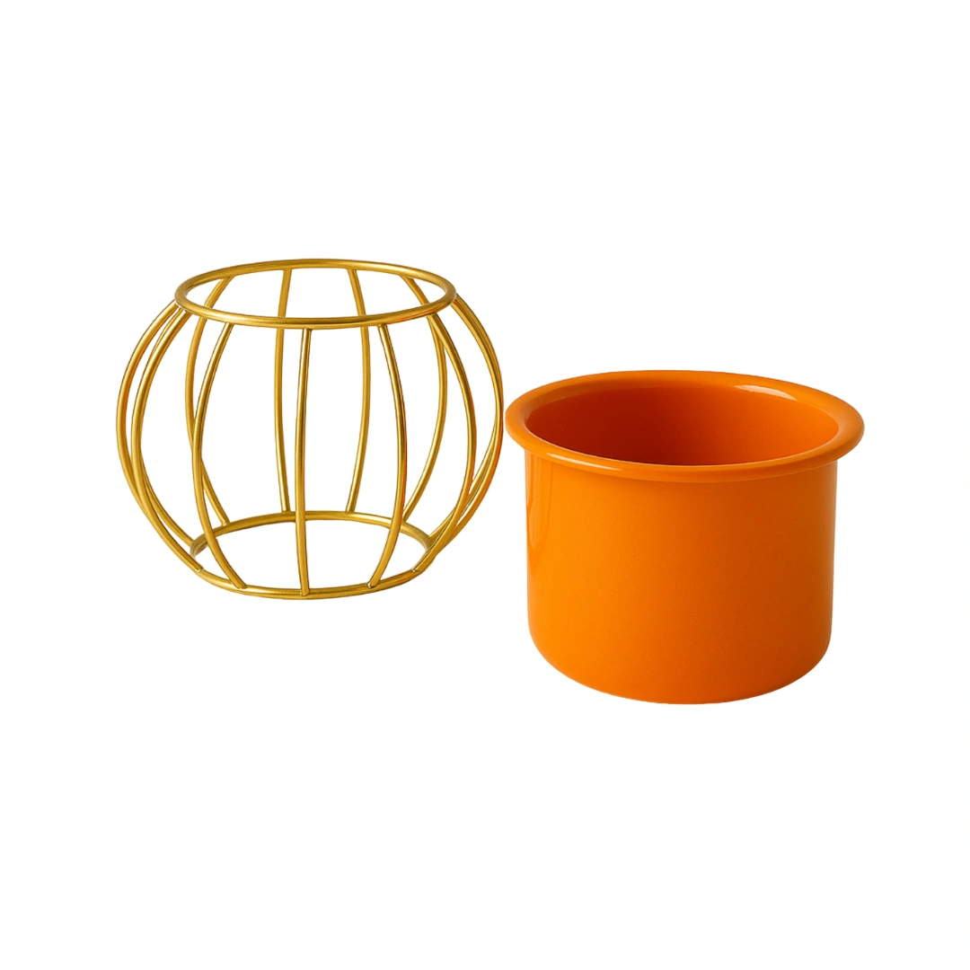 Add a bold and elegant touch to your décor with this round metal planter pot paired with a beautifully curved golden stand. Crafted from high-quality metal, this planter is durable, sturdy, and designed for long-lasting use. The vibrant orange finish brings warmth and energy to any space, while the geometric golden stand enhances its modern aesthetic. The removable inner pot makes planting and cleaning easy and convenient. Perfect for tabletops, shelves, balconies, and decorative setups, this planter combines style and functionality, making it ideal for both everyday décor and special occasions.