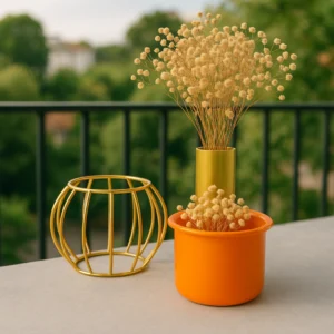 Round Metal Planter Pot with Golden Stand (Orange)