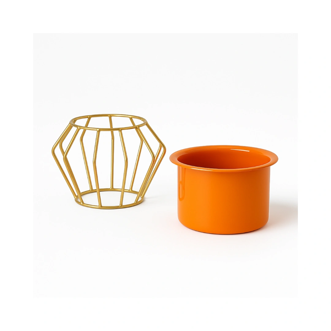 Metal Golden Planter with Stand – Flower Pot for Indoor & Outdoor Plants | Flower Vase Planter Pot | Metallic Gold Metal Stand with Planters (Orange, Cube Stand)