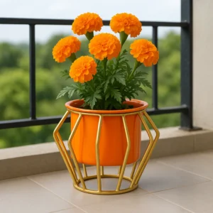 Modern Metal Planter Pot with Golden Stand (Orange)