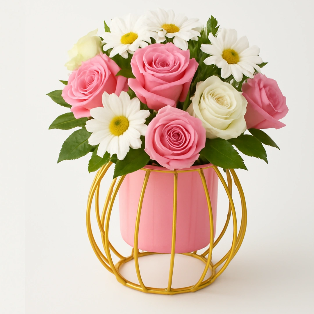 Round Metal Planter Pot with Golden Stand (Pink) - Image 2