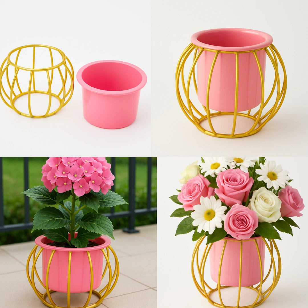 Round Metal Planter Pot with Golden Stand (Pink) - Image 4