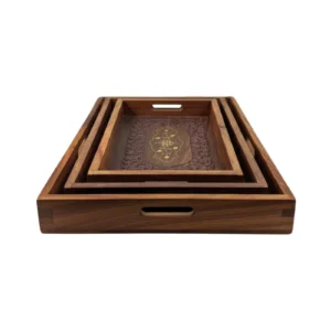 Wooden Serving Tray Set with Intricate Carving (Set of 3)