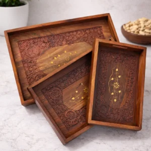 Wooden Serving Tray Set with Intricate Carving (Set of 3)