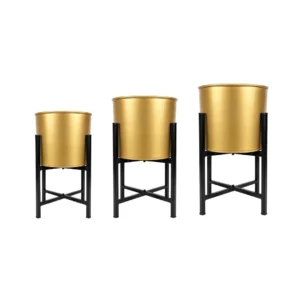 Golden Metal Planter Set with Black Metal Stand (Set of 3)