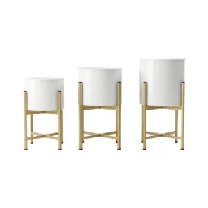 Handcrafted White Metal Planter Pot Set with Gold Stands (Set of 3)