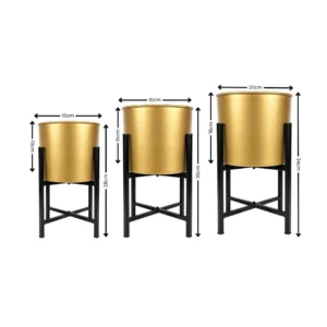 Golden Metal Planter Set with Black Metal Stand (Set of 3)