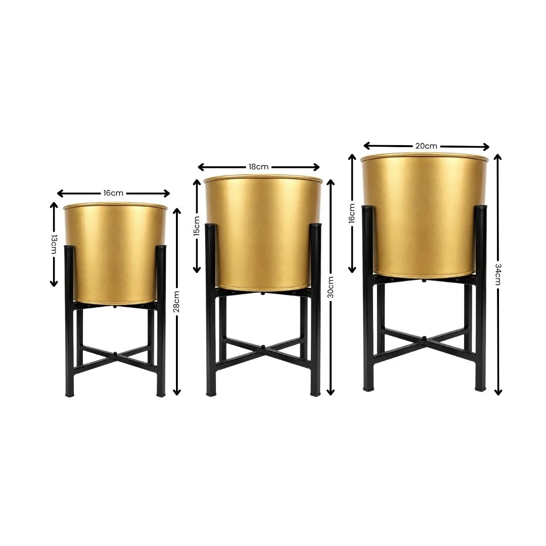 Golden Metal Planter Set with Black Metal Stand (Set of 3) - Image 2