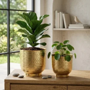 Handcrafted Textured Golden Metal Planter Pot Set (Set of 2)