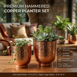 Iron Handcrafted Hammered Copper Finish Metal Planter Set (Set of 2)