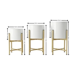 Handcrafted White Metal Planter Pot Set with Gold Stands (Set of 3)