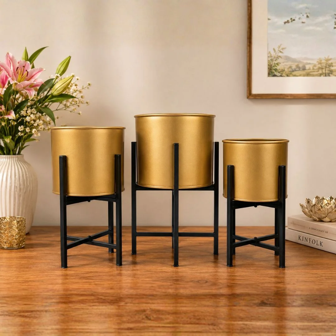 Golden Metal Planter Set with Black Metal Stand (Set of 3) - Image 4