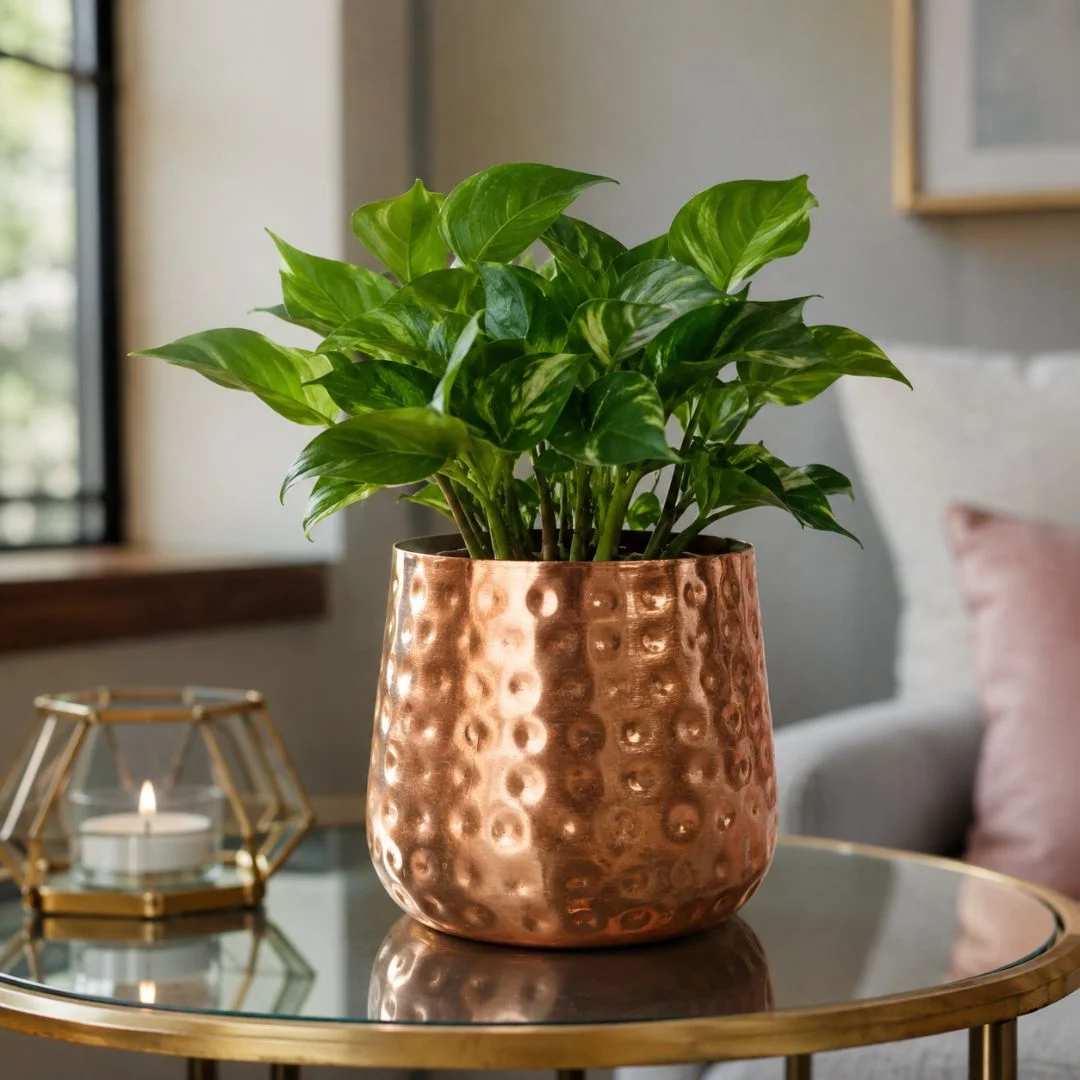 Handcrafted Hammered Copper Finish Metal Planter Pot - Image 3