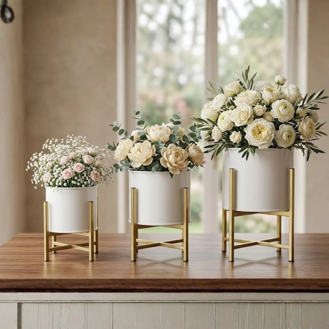Handcrafted White Metal Planter Pot Set with Gold Stands (Set of 3) - Image 3