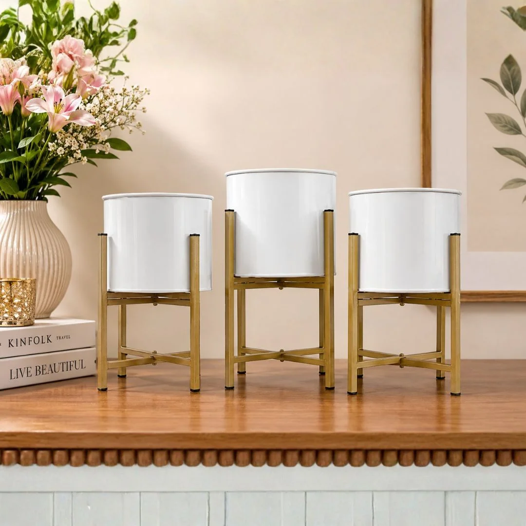 Handcrafted White Metal Planter Pot Set with Gold Stands (Set of 3) - Image 4
