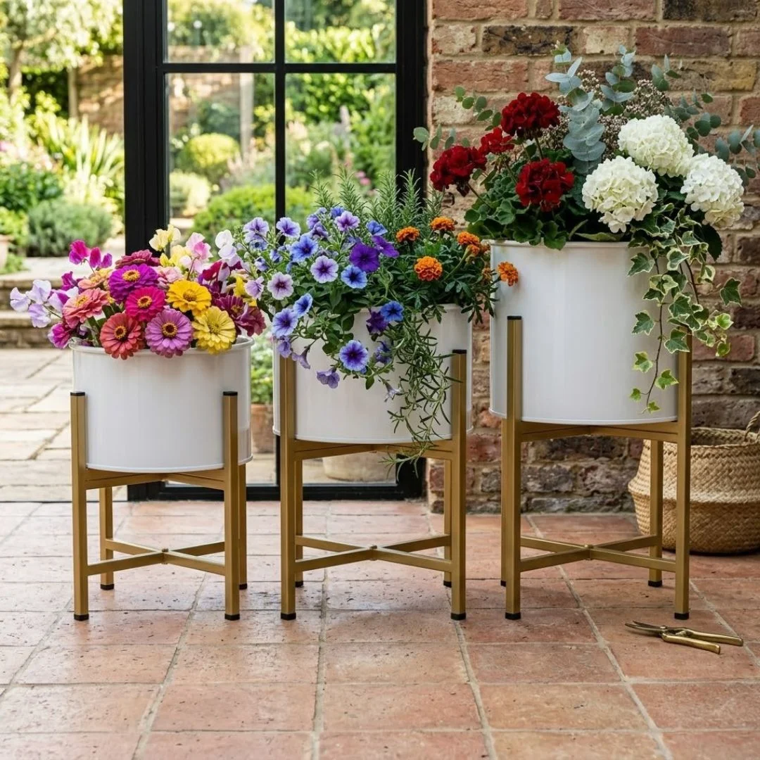 Handcrafted White Metal Planter Pot Set with Gold Stands (Set of 3) - Image 5