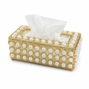 Handcrafted Pearl Embellished Golden Metal Tissue Box Holder