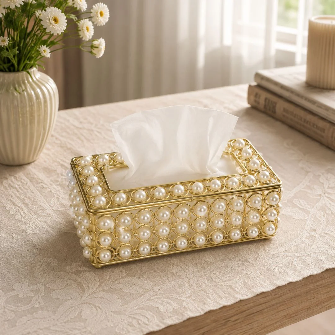 Handcrafted Pearl Embellished Golden Metal Tissue Box Holder - Image 2