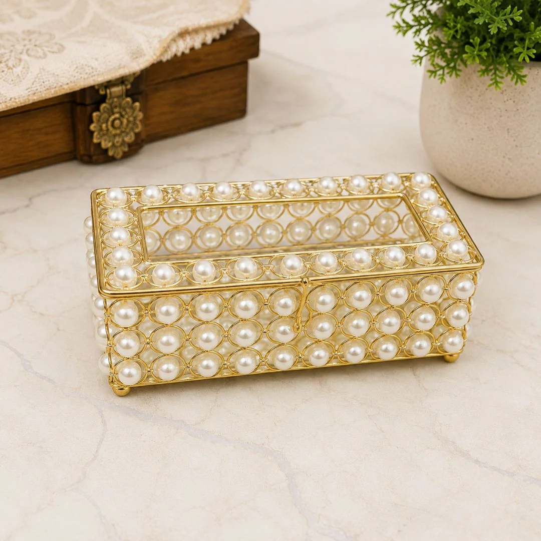 Handcrafted Pearl Embellished Golden Metal Tissue Box Holder - Image 3