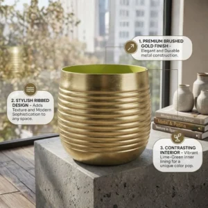 Handcrafted Ribbed Cylindrical Golden Metal Planter Pot
