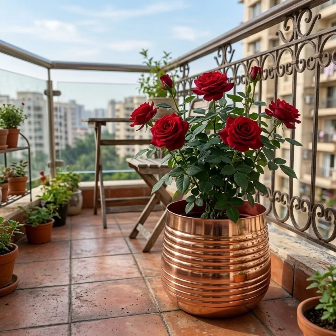 Handcrafted Ribbed Copper Metal Planter Pot - Image 3