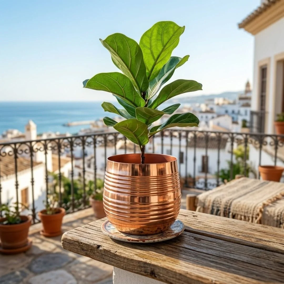 Handcrafted Ribbed Copper Metal Planter Pot - Image 4