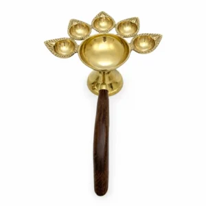 Traditional Brass Multi-Wick Surya Aarti Diya with Wooden Handle