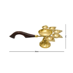 Traditional Brass Multi-Wick Surya Aarti Diya with Wooden Handle