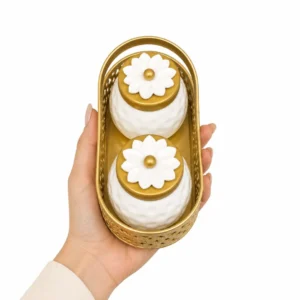 Handcrafted Ceramic Decorative Jar Set with Golden Metal Carry Basket