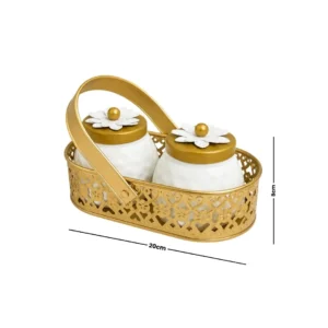 Handcrafted Ceramic Decorative Jar Set with Golden Metal Carry Basket
