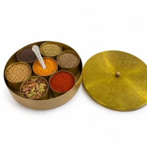 Handcrafted Round Metallic Golden Spice Box (Masala Dabba) with Lid