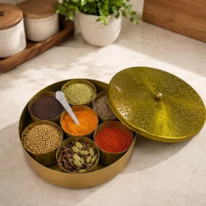 Handcrafted Round Metallic Golden Spice Box (Masala Dabba) with Lid