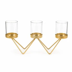 Handcrafted Golden Zig-Zag 3-Candle Holder with Glass Cylinders