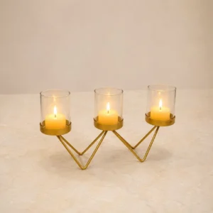 Handcrafted Golden Zig-Zag 3-Candle Holder with Glass Cylinders