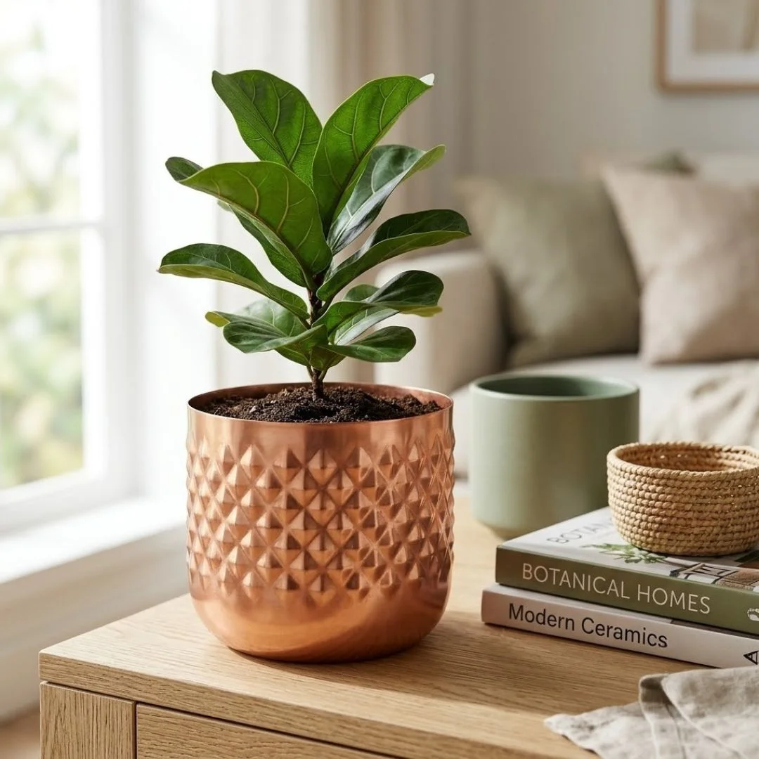Handcrafted Diamond Textured Copper/Rose Gold Metal Planter - Image 3