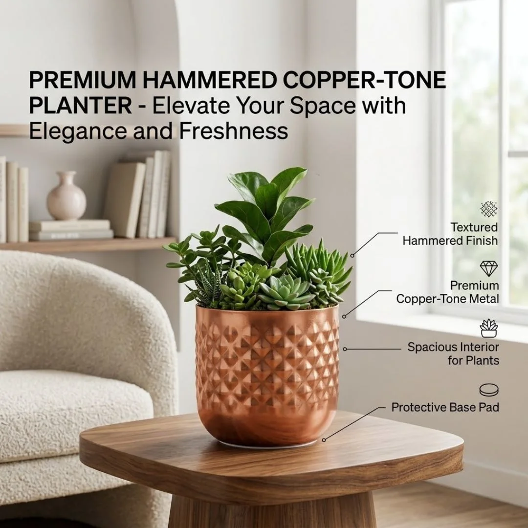 Handcrafted Diamond Textured Copper/Rose Gold Metal Planter - Image 4