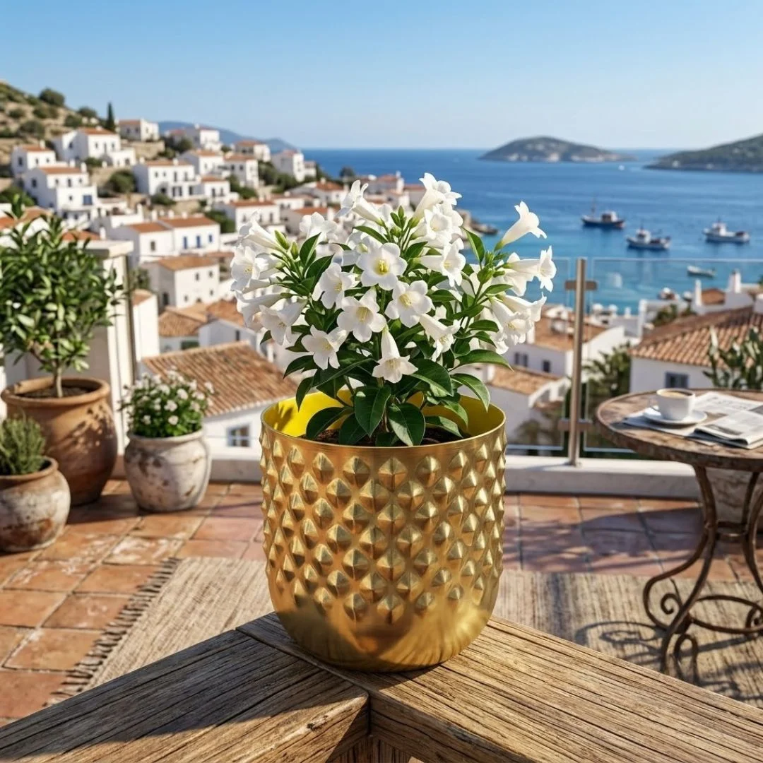 Handcrafted Diamond-Textured Golden Metal Planter Pot - Image 3