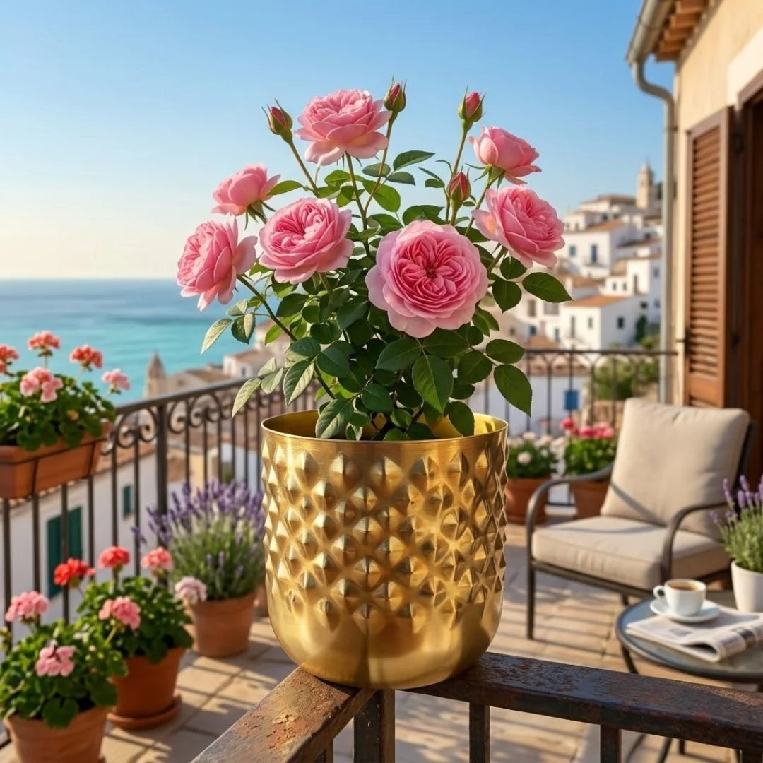 Handcrafted Diamond-Textured Golden Metal Planter Pot - Image 4