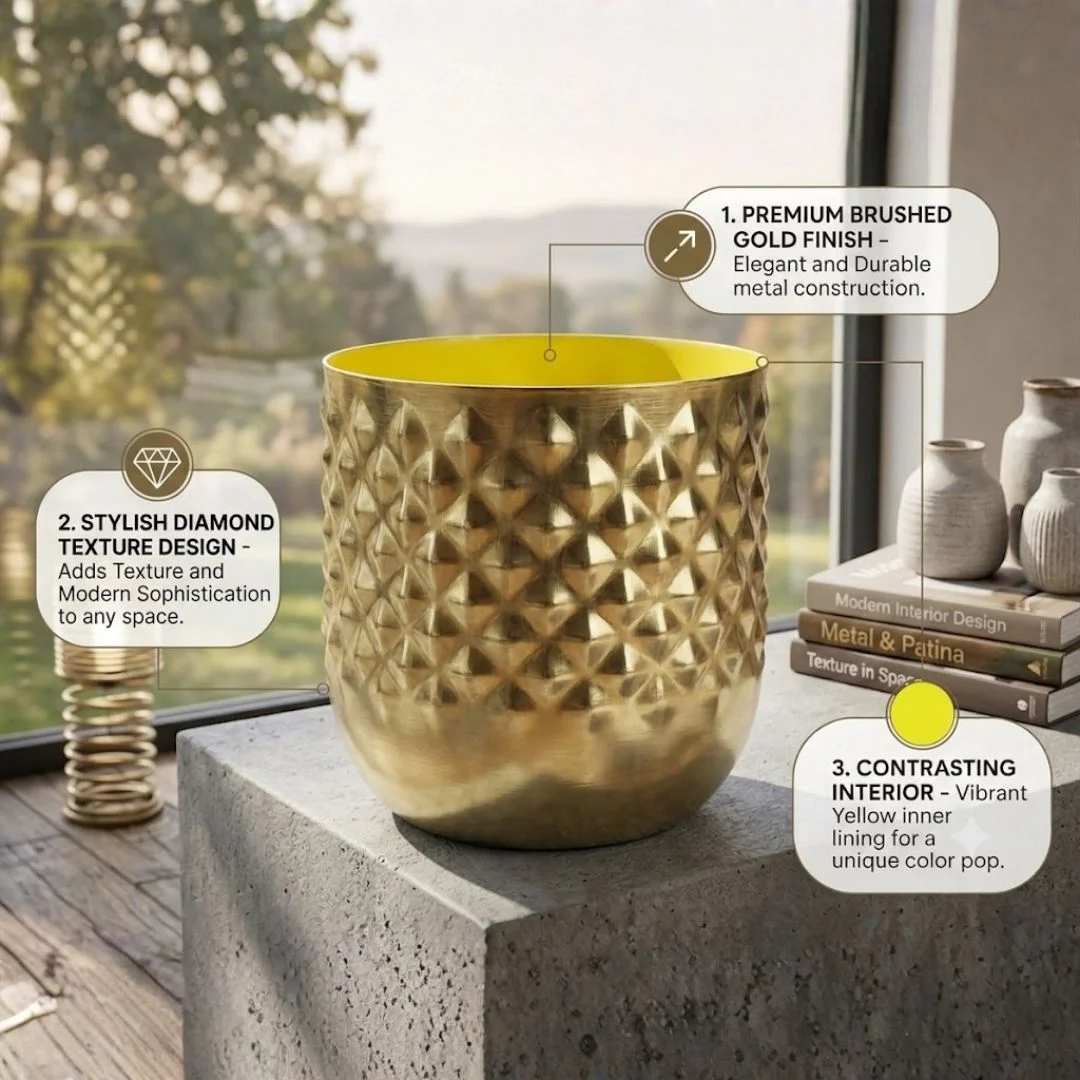 Handcrafted Diamond-Textured Golden Metal Planter Pot - Image 5