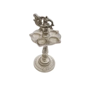 Traditional Silver-Plated Peacock Design Multi-Wick Diya Stand