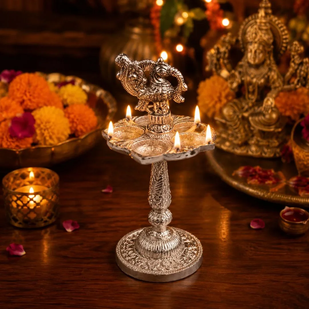 Traditional Silver-Plated Peacock Design Multi-Wick Diya Stand - Image 4